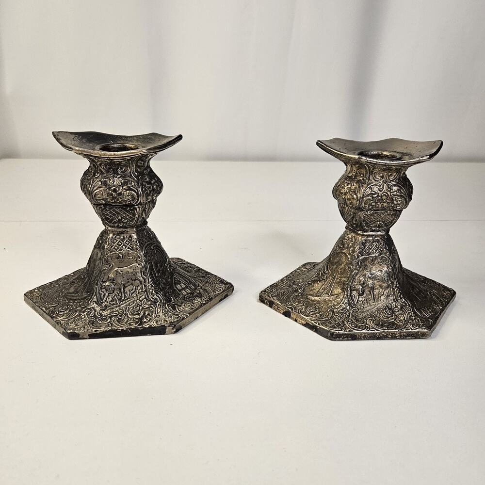 Vintage Pair Candlestick Candle Holder Marked Silver Plated Heavy Engraved